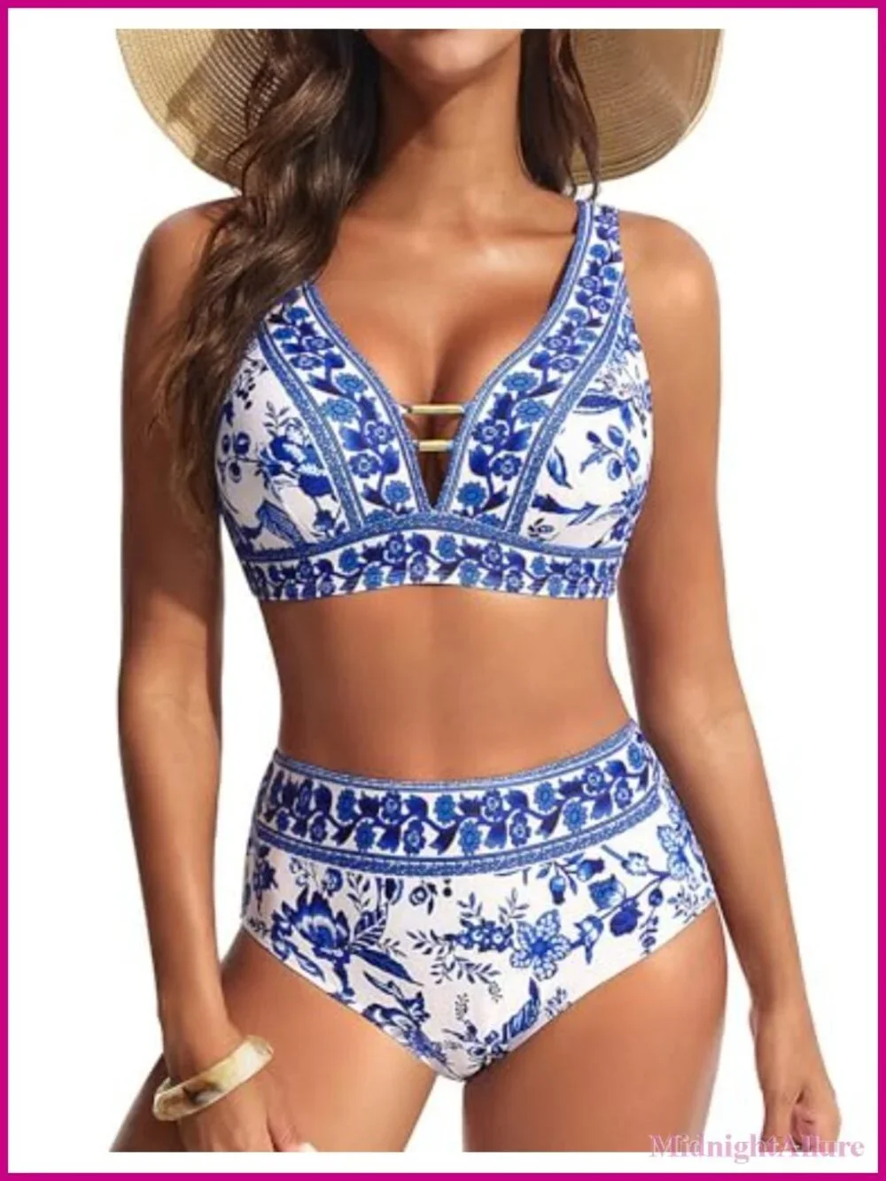 High Waisted Bikini Set with Cutout V-Neck Top, Adjustable Straps & Removable